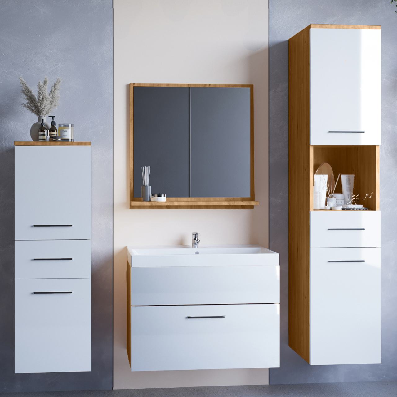 Baño LUPO roble artesano / blanco brillo