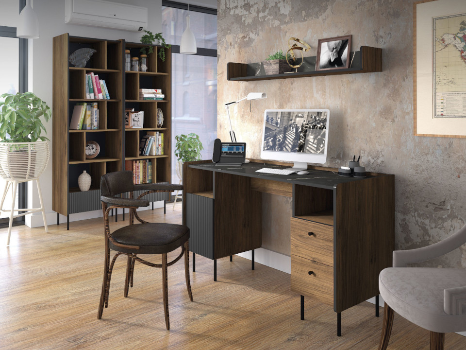Mueble de oficina Presti 3, nogal Warmia, negro