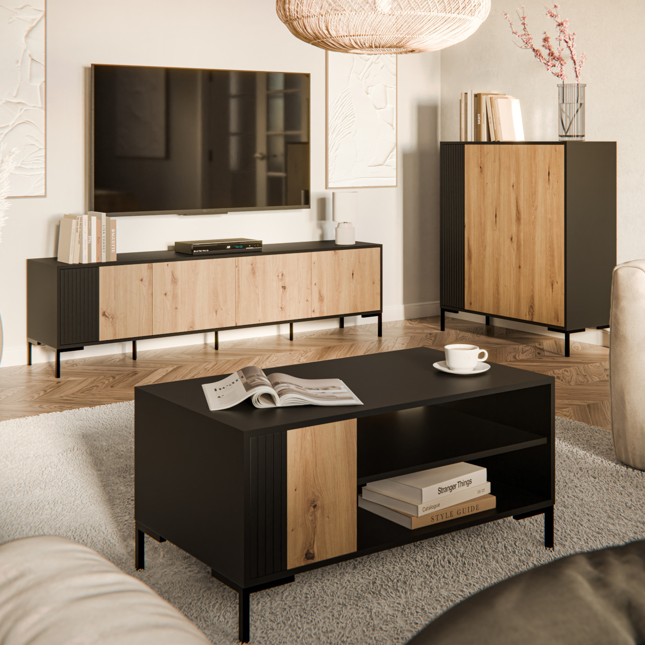 Mueble de salón CIMER 1 negro / roble artesano
