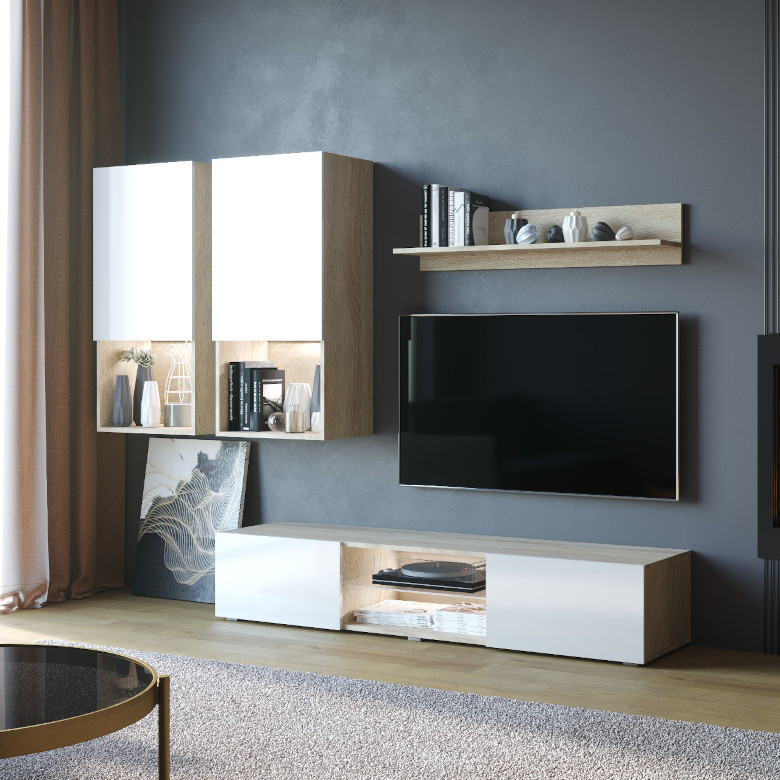 Mueble de pared Deco Sonoma roble blanco brillante