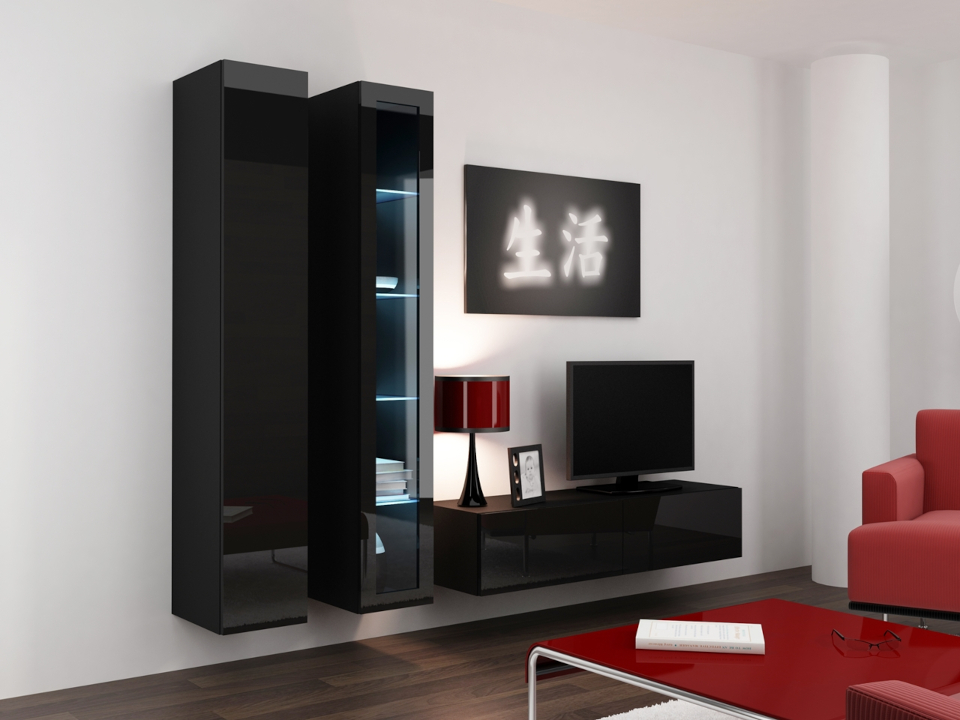 Mueble de pared Govi 10 d, negro, negro brillante