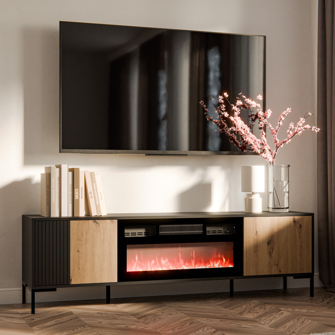 Mueble de TV con chimenea CIMER 08 negro / roble artesano