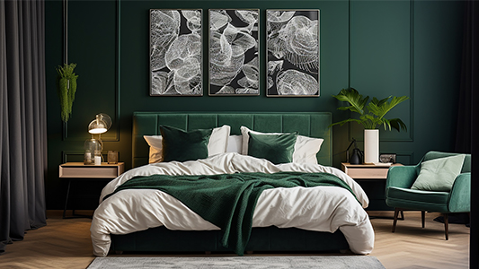 Un dormitorio verde botella y blanco: inspiración para arreglos sensuales